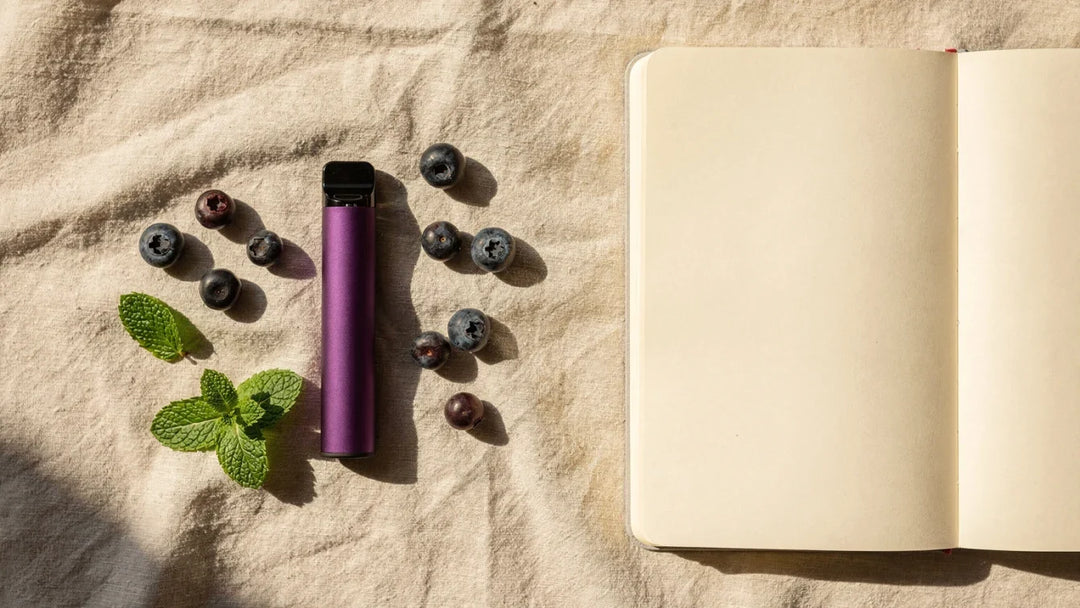 Lila Vape-Pen mit Blaubeeren, Minze und leerem Notizbuch auf Leinen, Titelbild zu Mesh Flash Erfahrungen