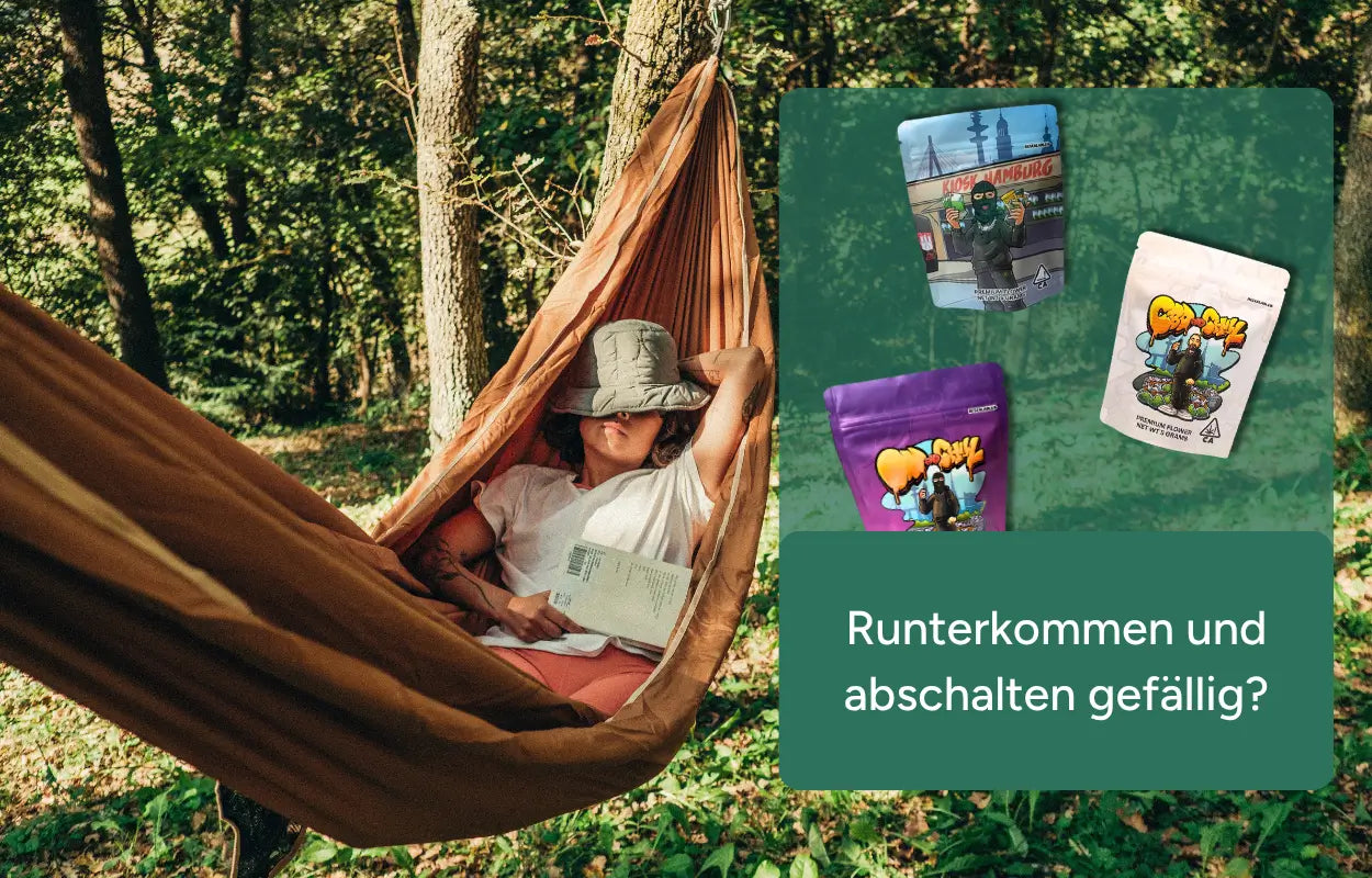 Frau chillt in einer Hängematte + unsere Blüten