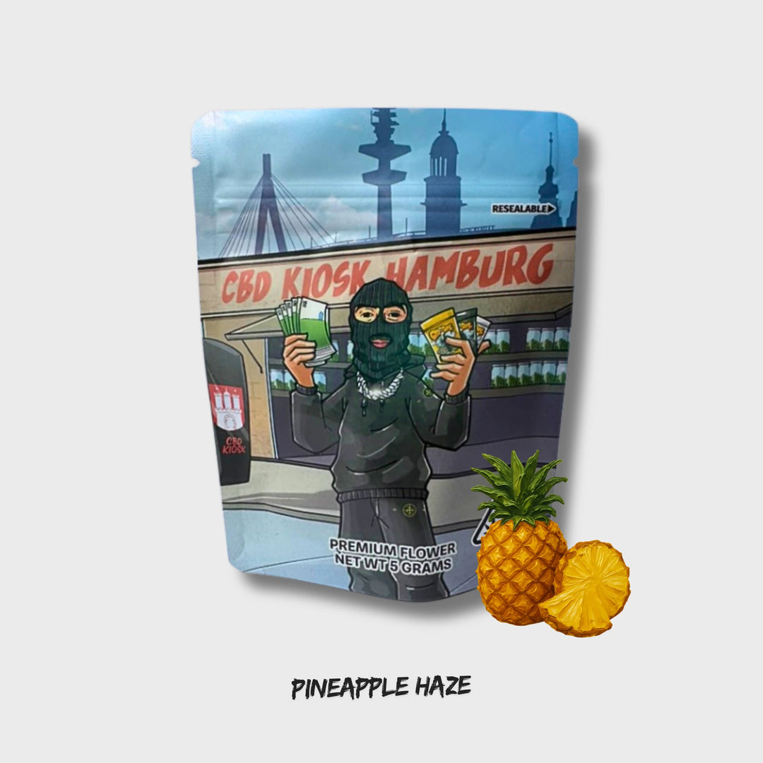 CBD Kiosk Pineapple Haze CBD Blüten 5 g – Verpackung mit CBD Blüten in der Vorderansicht