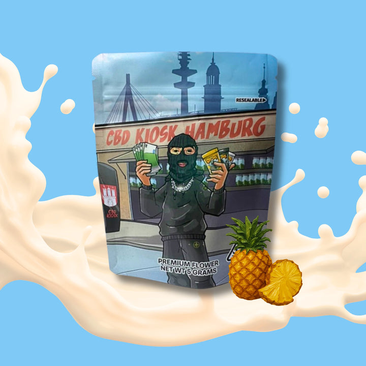 CBD Kiosk Pineapple Haze CBD Blüten 5 g – Detailaufnahme der Verpackung
